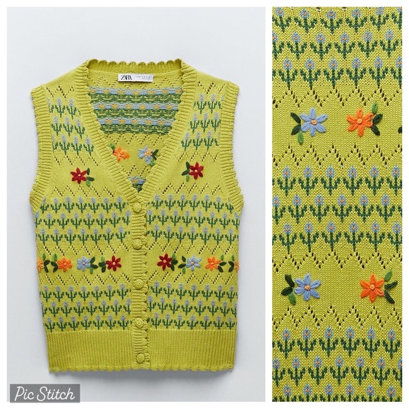 Zara Sweaters - NWT. Zara V-neck Floral Knit Vest with Handcrafting. Size S.